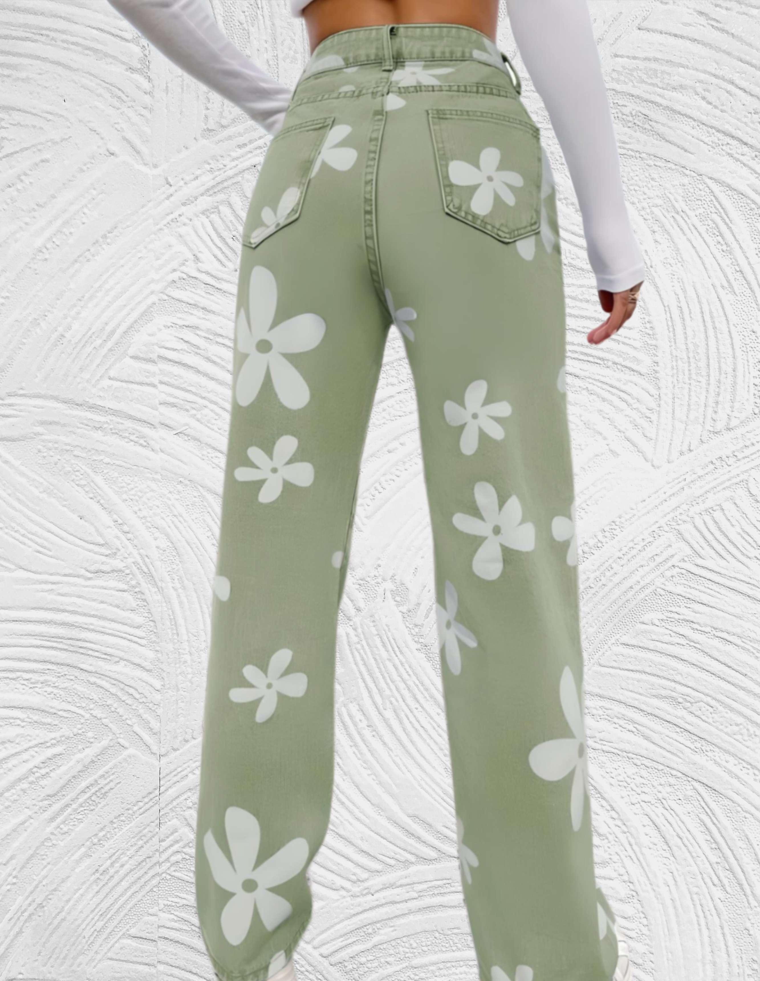 Frea - Denim jeans met hoge taille wijde pijpen met print van witte bloemen - Miller-Mode