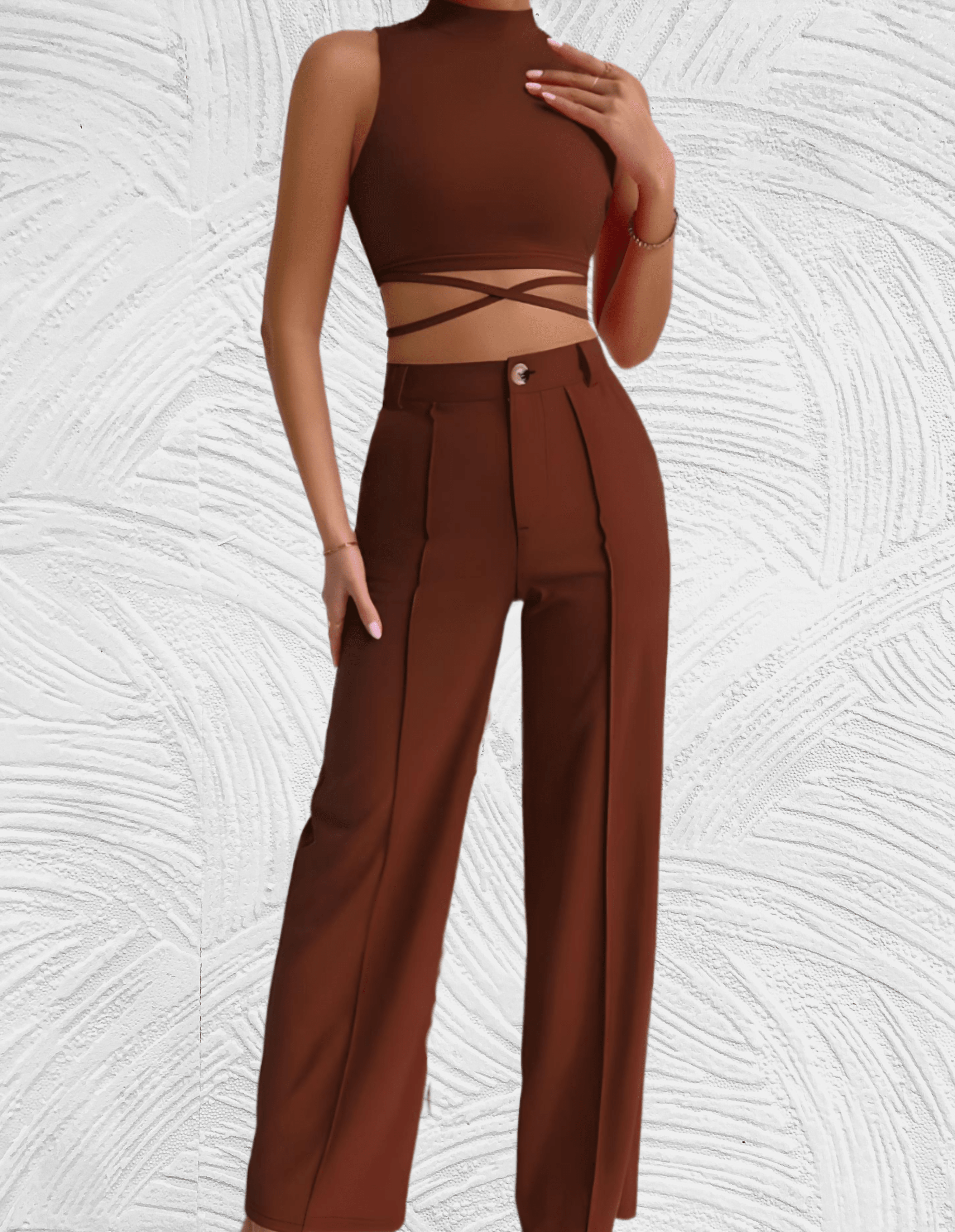 Salome - Slim fit 2-delige set met mouwloze en cropped top met x tie ontwerp met bijpassende broek met hoge taille - Miller-Mode